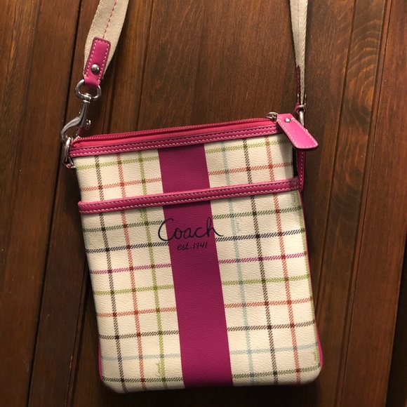 COACH Tattersal Pink & White Leather Crossbody Bag - Picture 2 of 8
